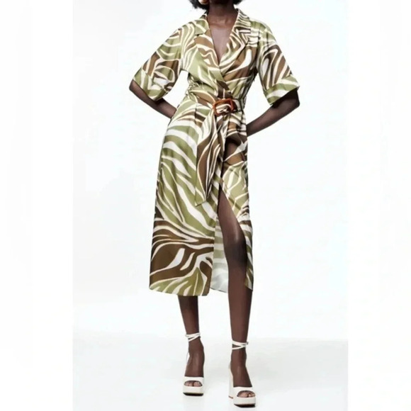 New Zara Animal Print Midi Shirt Dress - Picture 9 of 11